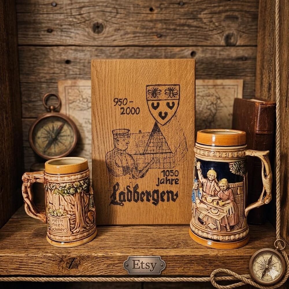 Vintage 3-Piece "Old World" Bar Decor Set | German Oak & Mid-Century Steins